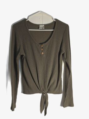 Paper Crane Olive Tie-Front Waffle Knit Long Sleeve Top